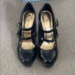 Dollhouse Black Patent Double-Strap Mary Jane Platform Heels